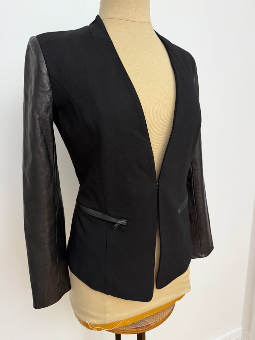 Danier Black Mixed-Media Open Blazer Leather Sleeves